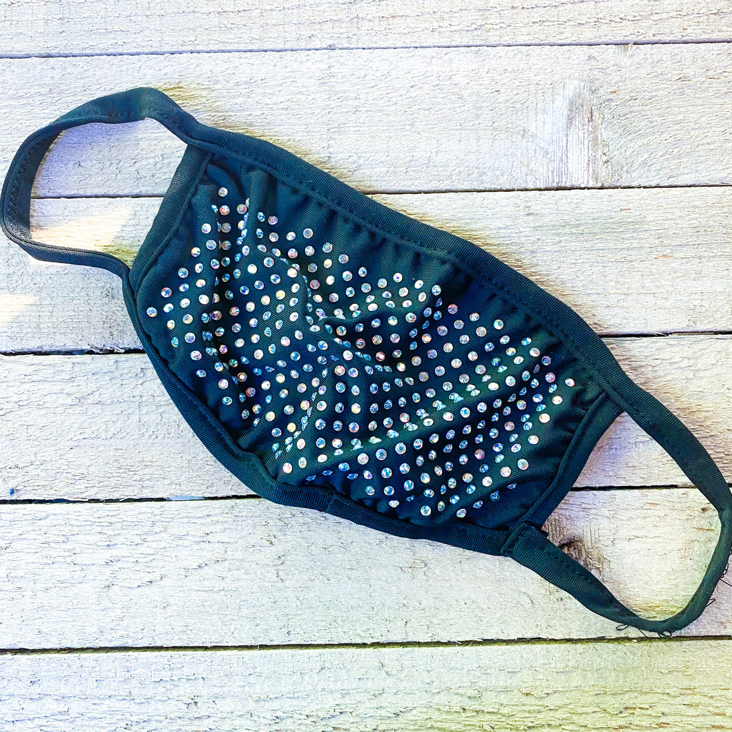 Black Cloth Face-Covering with AB Crystal Rhinestones