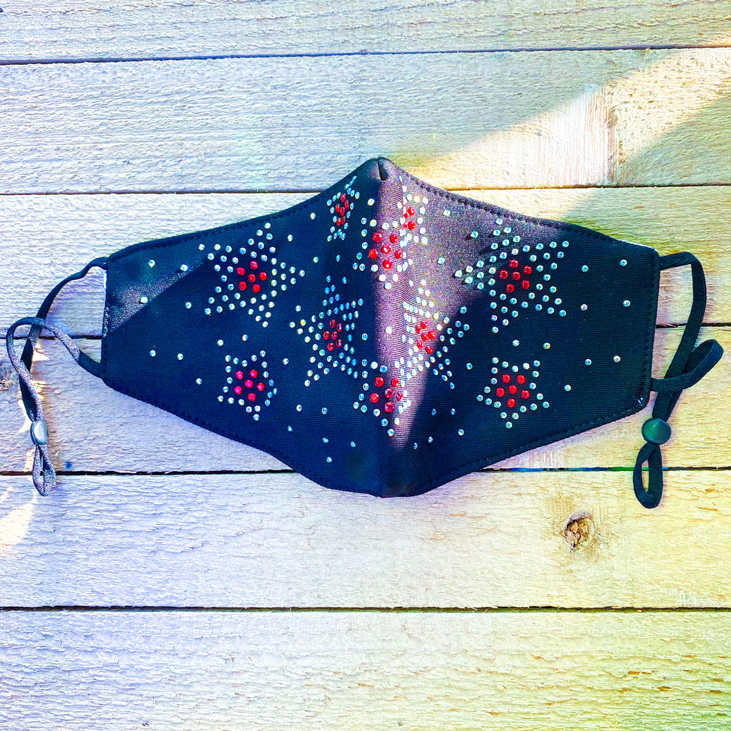 Black Cloth Face-Covering with Red and Clear Rhinestones