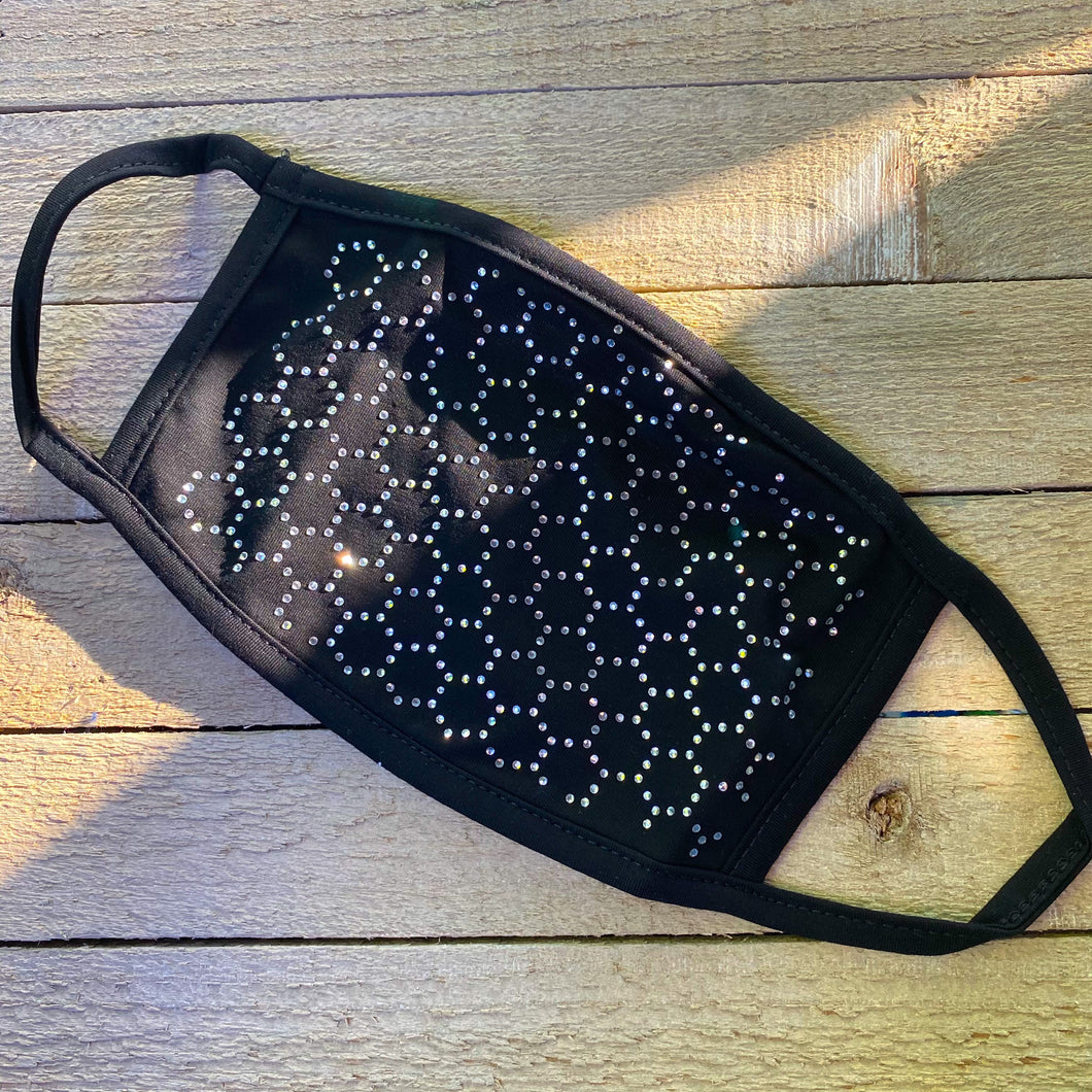 Black Cloth Face-Covering with Clear Rhinestones