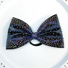 Load image into Gallery viewer, BLACK Satin MUSE cheer bow with rose gold stones