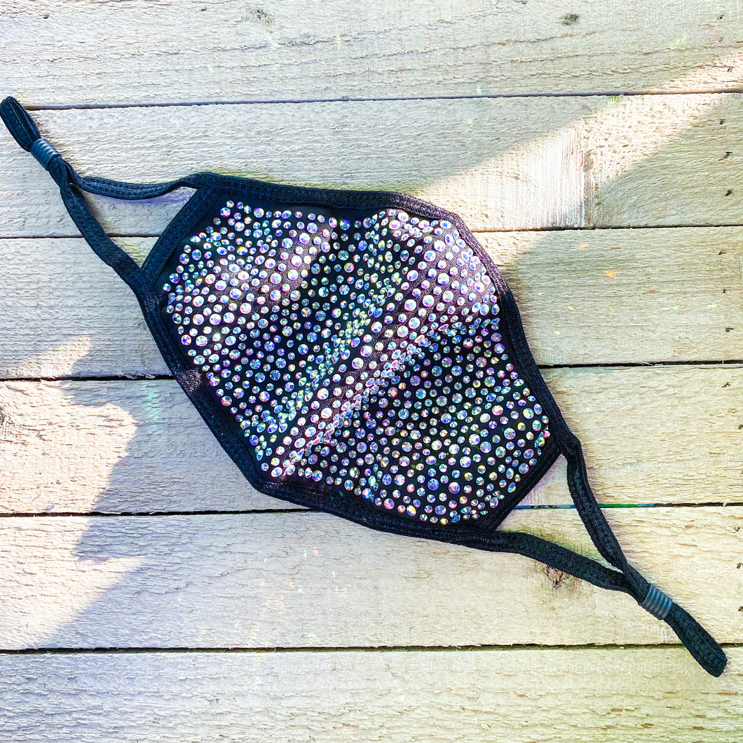 Black Cloth Face-Covering with AB Crystal Rhinestones
