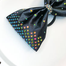 Load image into Gallery viewer, BLACK Satin MUSE cheer bow with chameleon stones