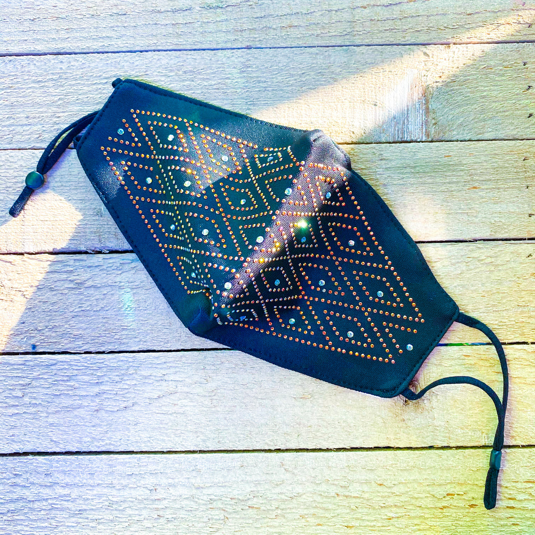 Black Cloth Face-Covering with Gold and Clear Rhinestones