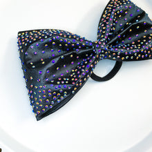 Load image into Gallery viewer, BLACK Satin MUSE cheer bow with rose gold stones
