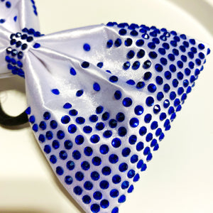 WHITE Jumbo MUSE Tailless Cheer Bow with blue stones