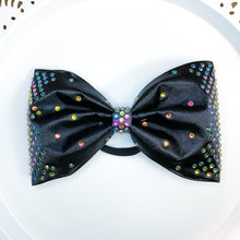 Load image into Gallery viewer, BLACK Satin MUSE cheer bow with chameleon stones