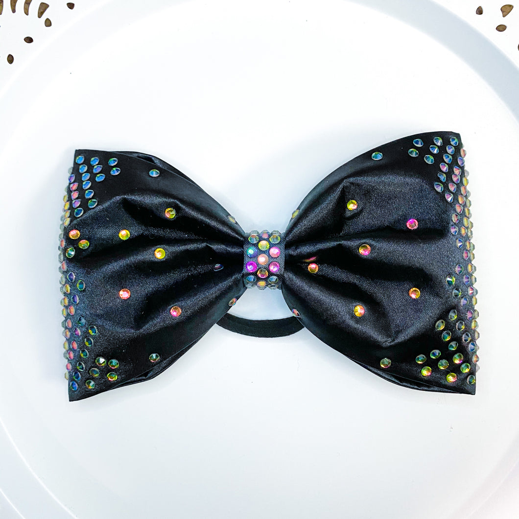 BLACK Satin MUSE cheer bow with chameleon stones